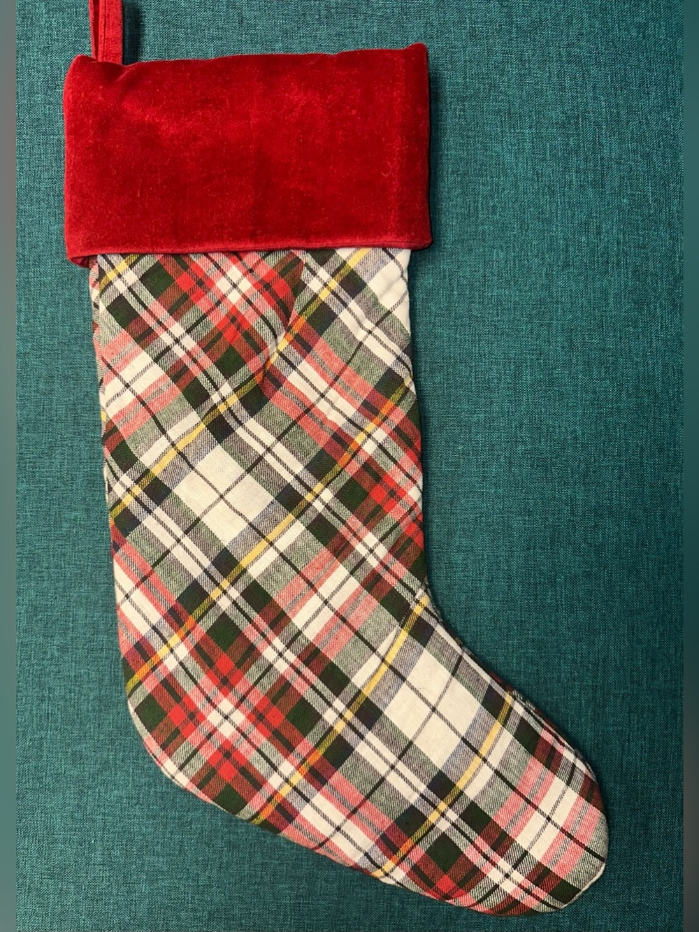 Pottery Barn Christmas Stocking Tartan Plaid Red Green Velvet Cuff No Monogram